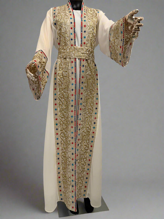 Formal Chiffon Abaya (Gold Embroidery with Colorful Accents)