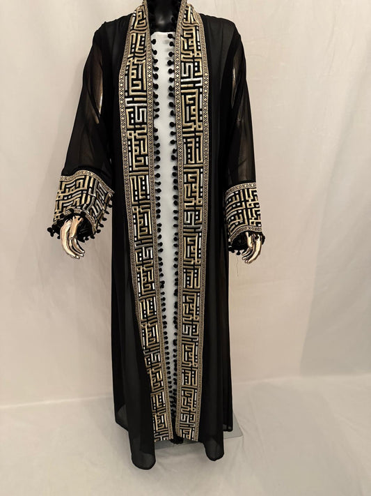 Black Formal Chiffon Abaya (Gold Embroidery)