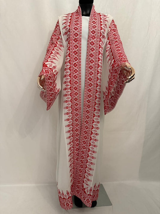 White Formal Chiffon Abaya (Red Embroidery)