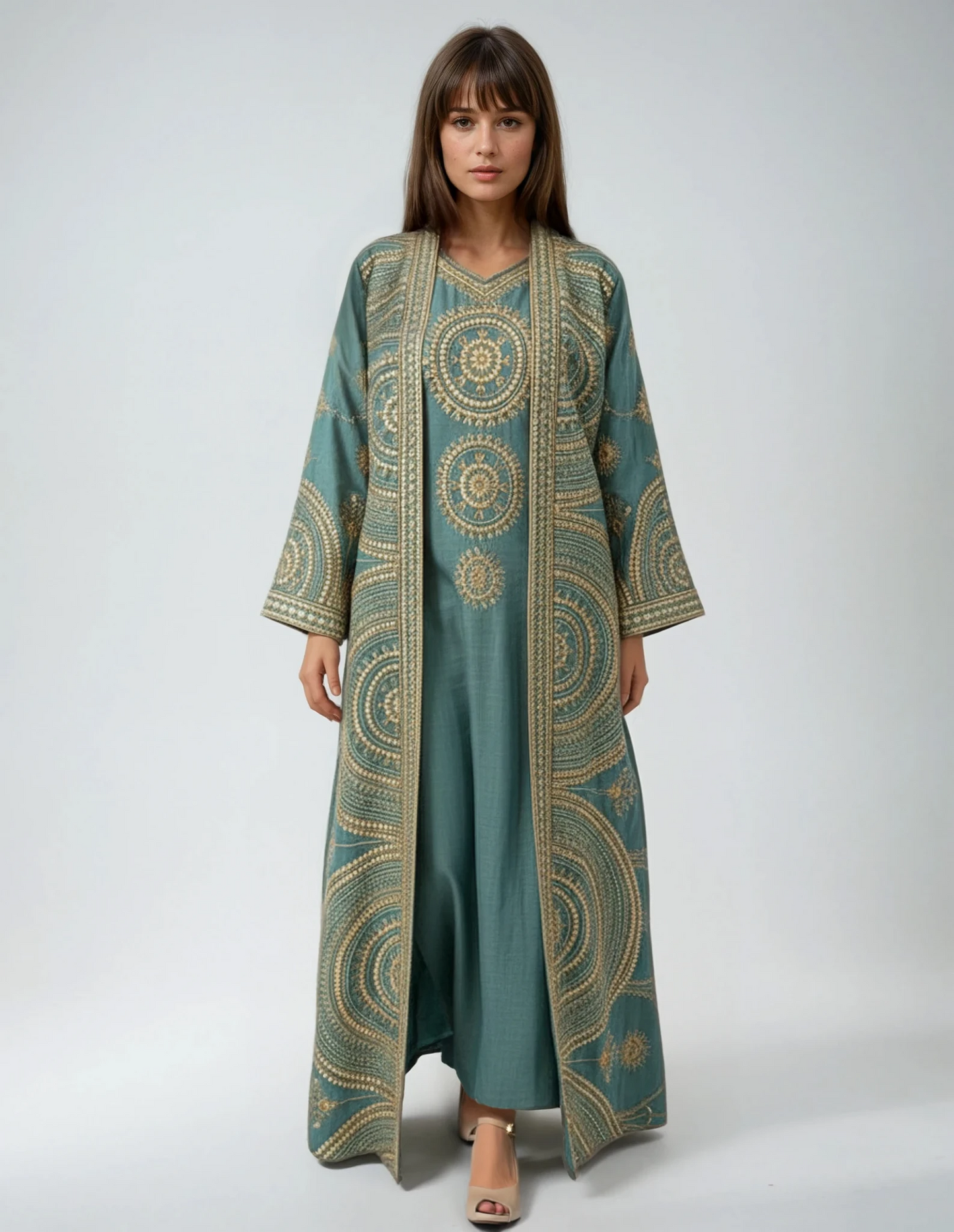 Two-piece Teal Abaya with Gold Embroidery