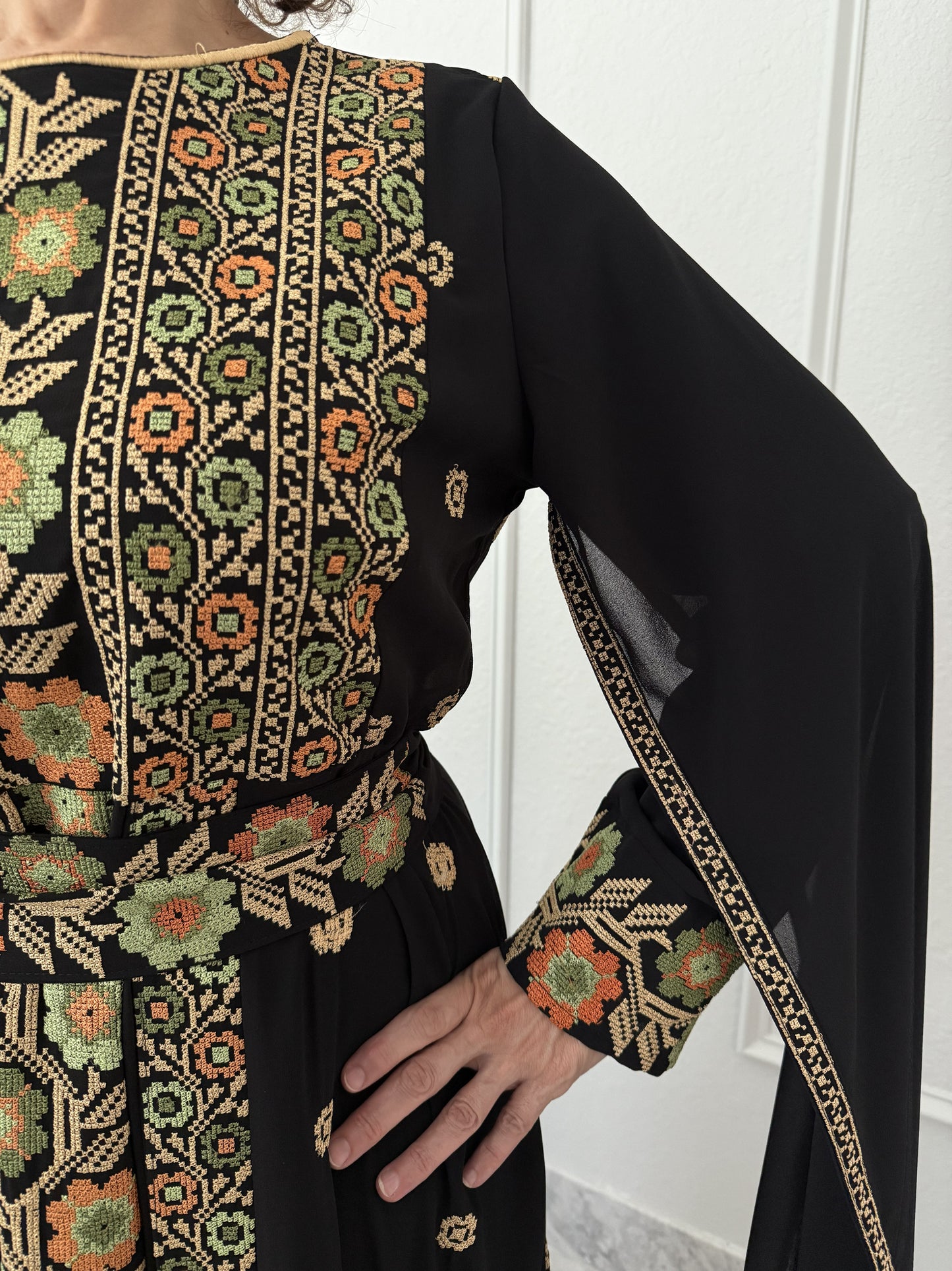 Black Thobe with Orange and Green Embroidery