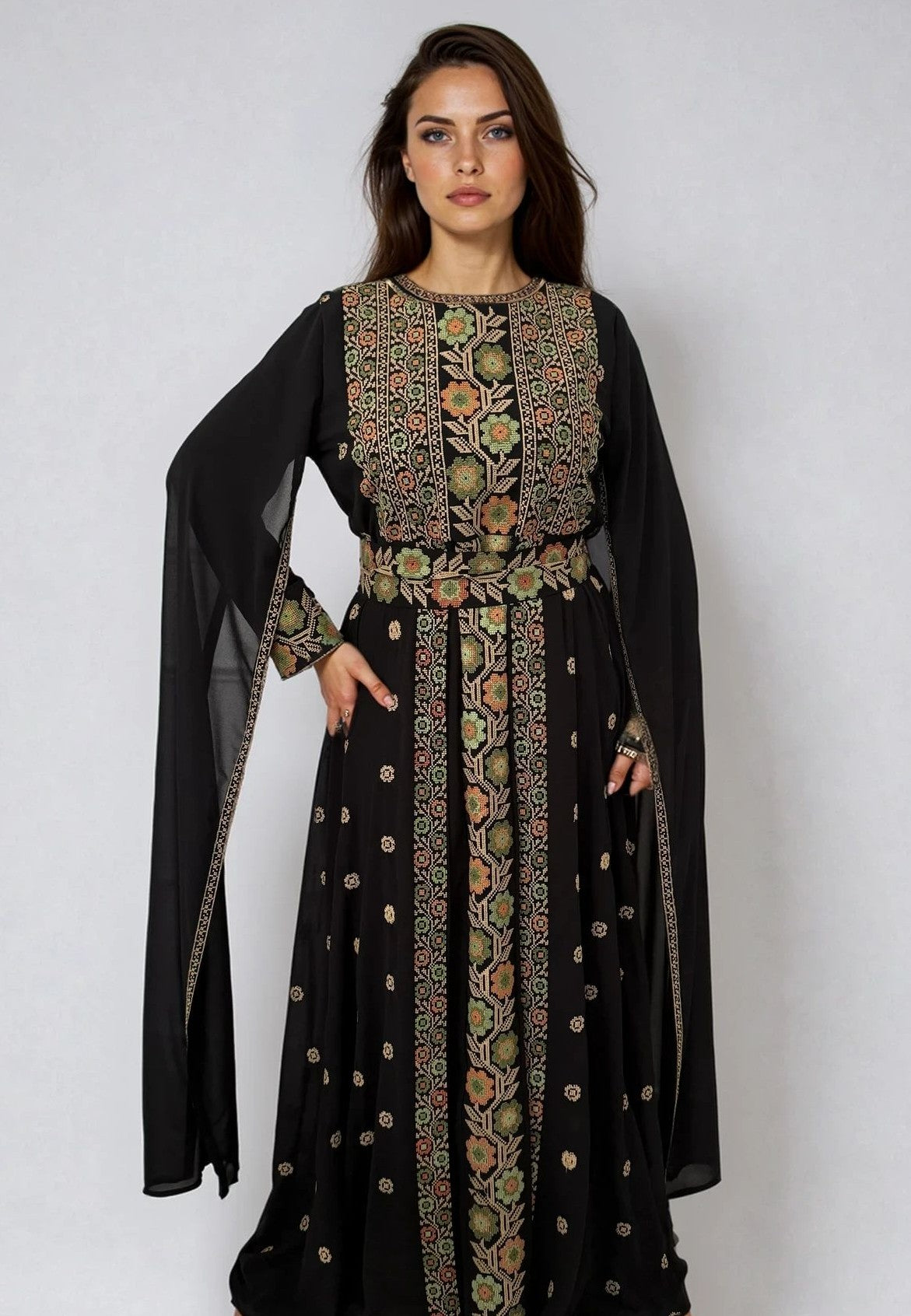 Black Thobe with Orange and Green Embroidery