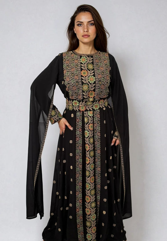 Black Thobe with Orange and Green Embroidery
